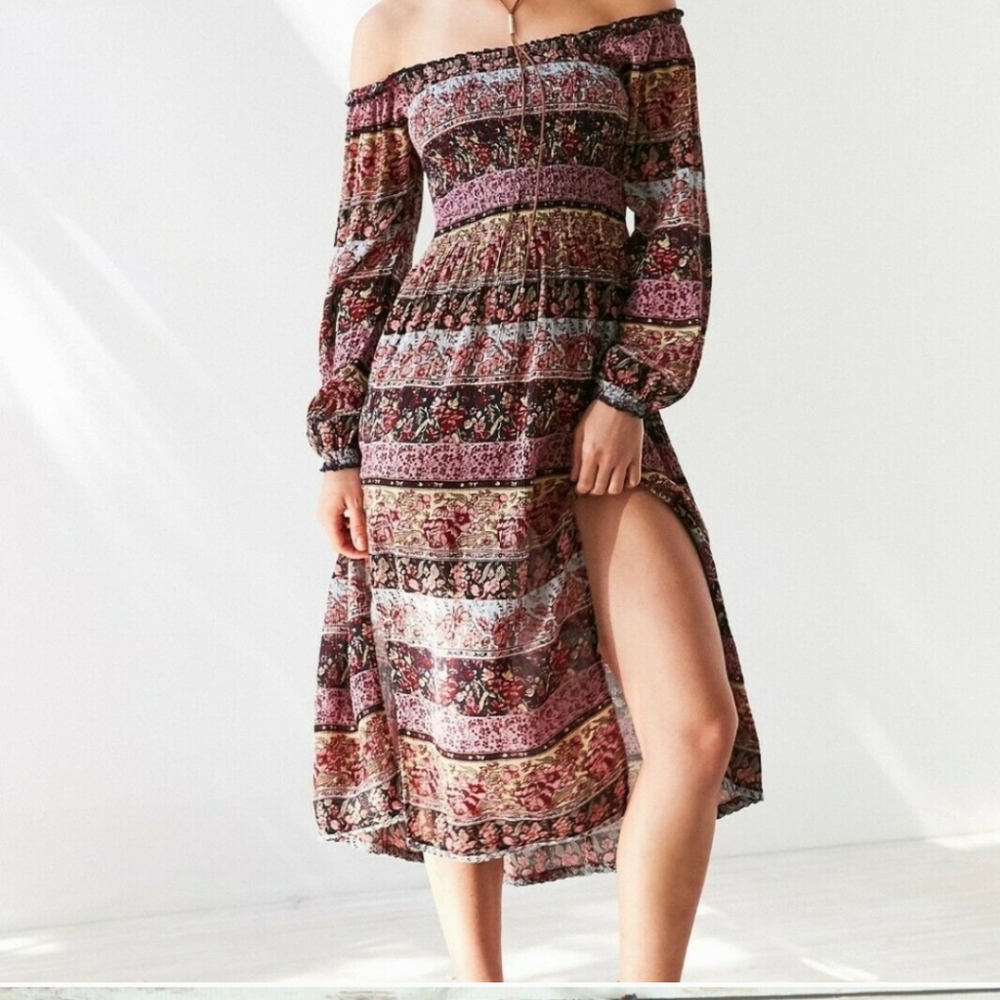 Urban Outfitters Kimchi Blue smocked pink off the shoulder floral boho dress